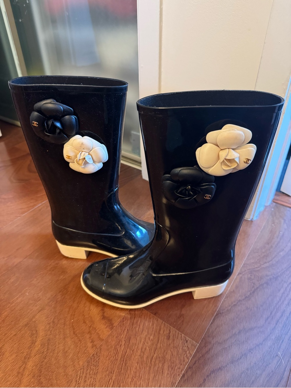 AUTH CHANEL Black Rain Boots with Cream Floral Camellia Accents